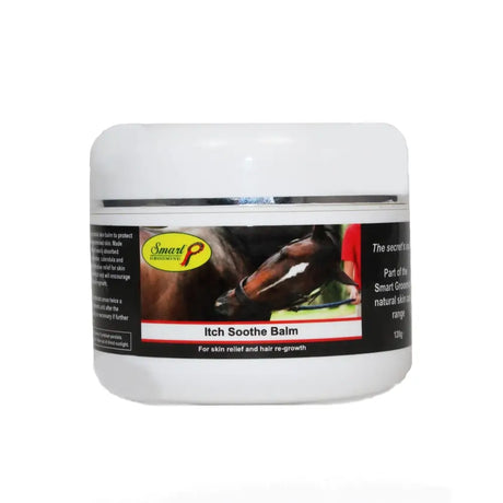 White plastic jar with silver rim and black label featuring horse head for smart grooming itch soothe balm