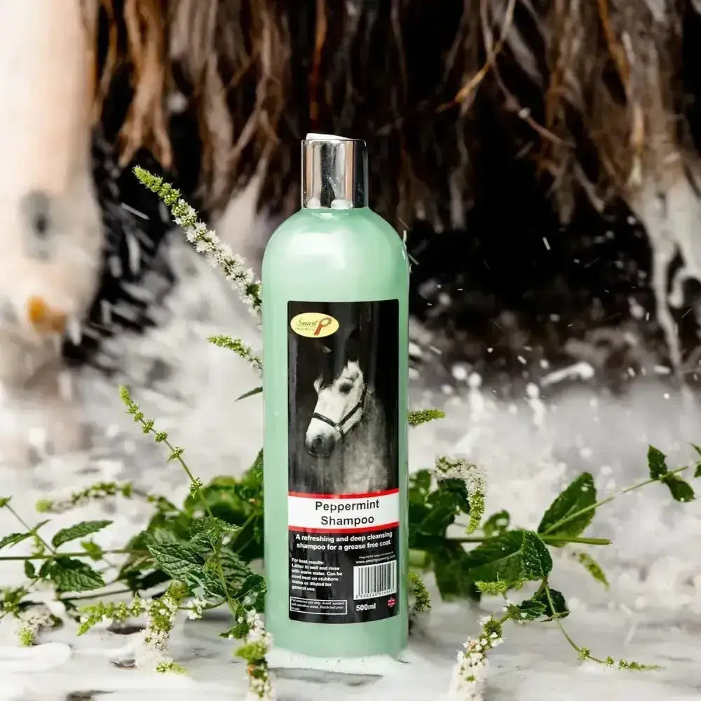 A translucent mint-green bottle of smart grooming peppermint shampoo with silver cap and added peppermint essential oil label