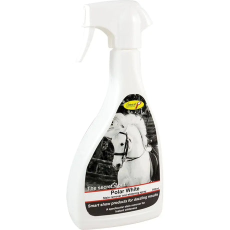 White plastic spray bottle of smart grooming polar white stain remover and whitening spray by smart products