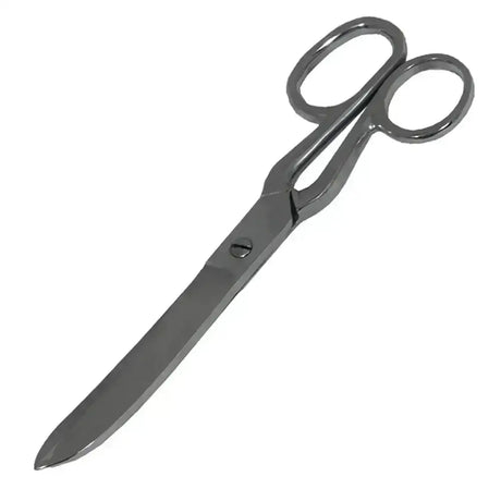 A sleek metallic pair of smart grooming scissors with polished chrome handles and sharp curved fetlock blades 8 inch