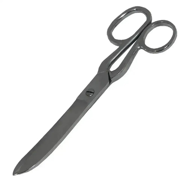 A sleek metallic pair of smart grooming scissors with polished chrome handles and sharp curved fetlock blades 8 inch