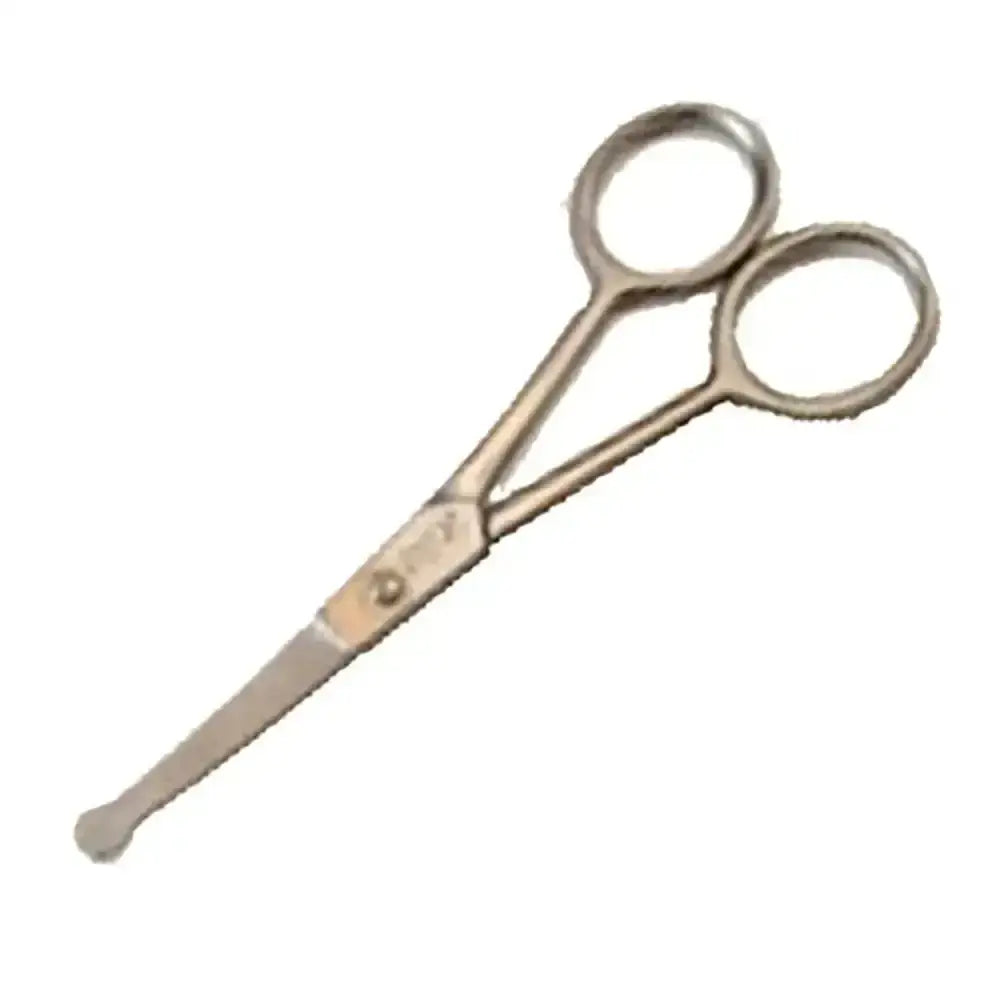Silver-toned metal smart grooming scissors paw round end with rounded handles and a slightly curved blade