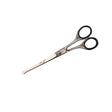 Silver-toned smart grooming scissors straight safety with black-rimmed oval handles and slightly curved blade