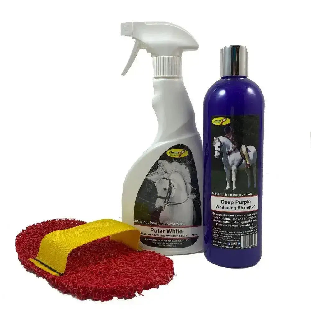 Smart grooming stain removal set with white spray bottle horse label silver cap purple deep whitening shampoo and red brush