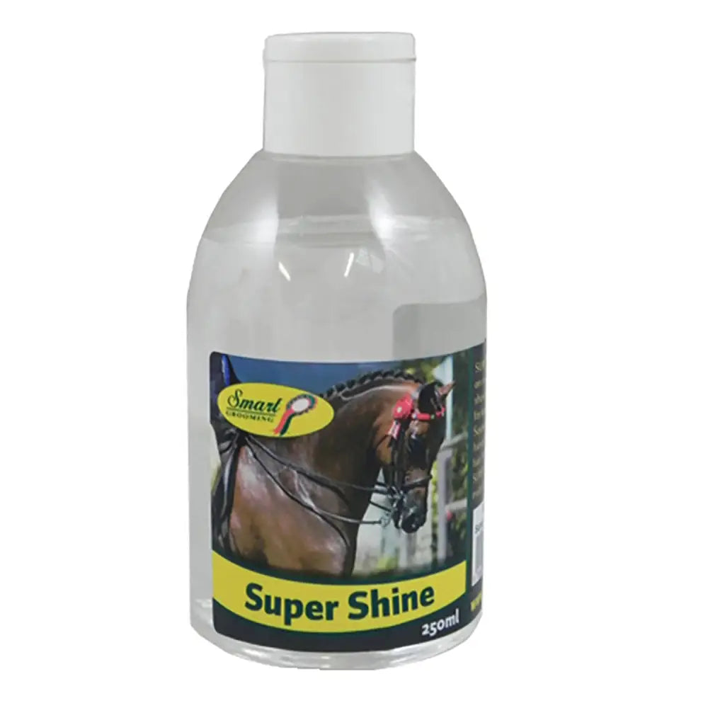 Clear plastic bottle of smart grooming super shine 250ml lotion with white cap and horse label for super shine lotion use
