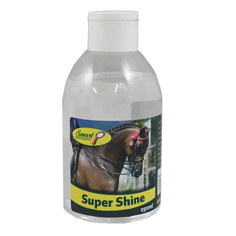 Clear plastic bottle of smart grooming super shine 250ml lotion with white cap and horse label for super shine lotion use