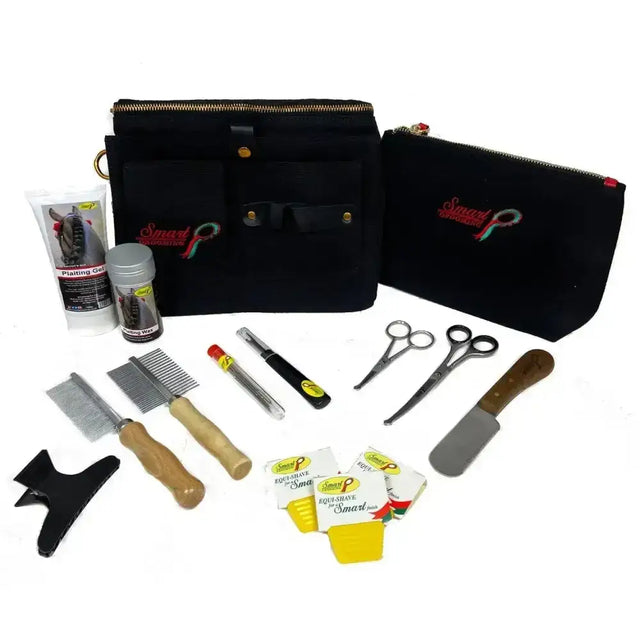 Black velvet smart grooming kit with gold zipper and red embroidered logo for ultimate plaiting and trimming set