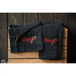 Black embroidered smart grooming towel duo with gold hook handy sized and perfect for golf use