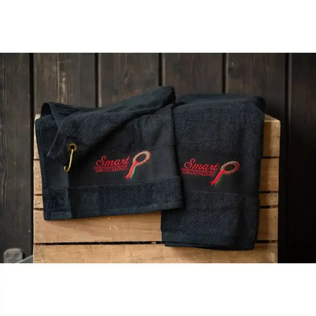 Black embroidered smart grooming towel duo with gold hook handy sized and perfect for golf use