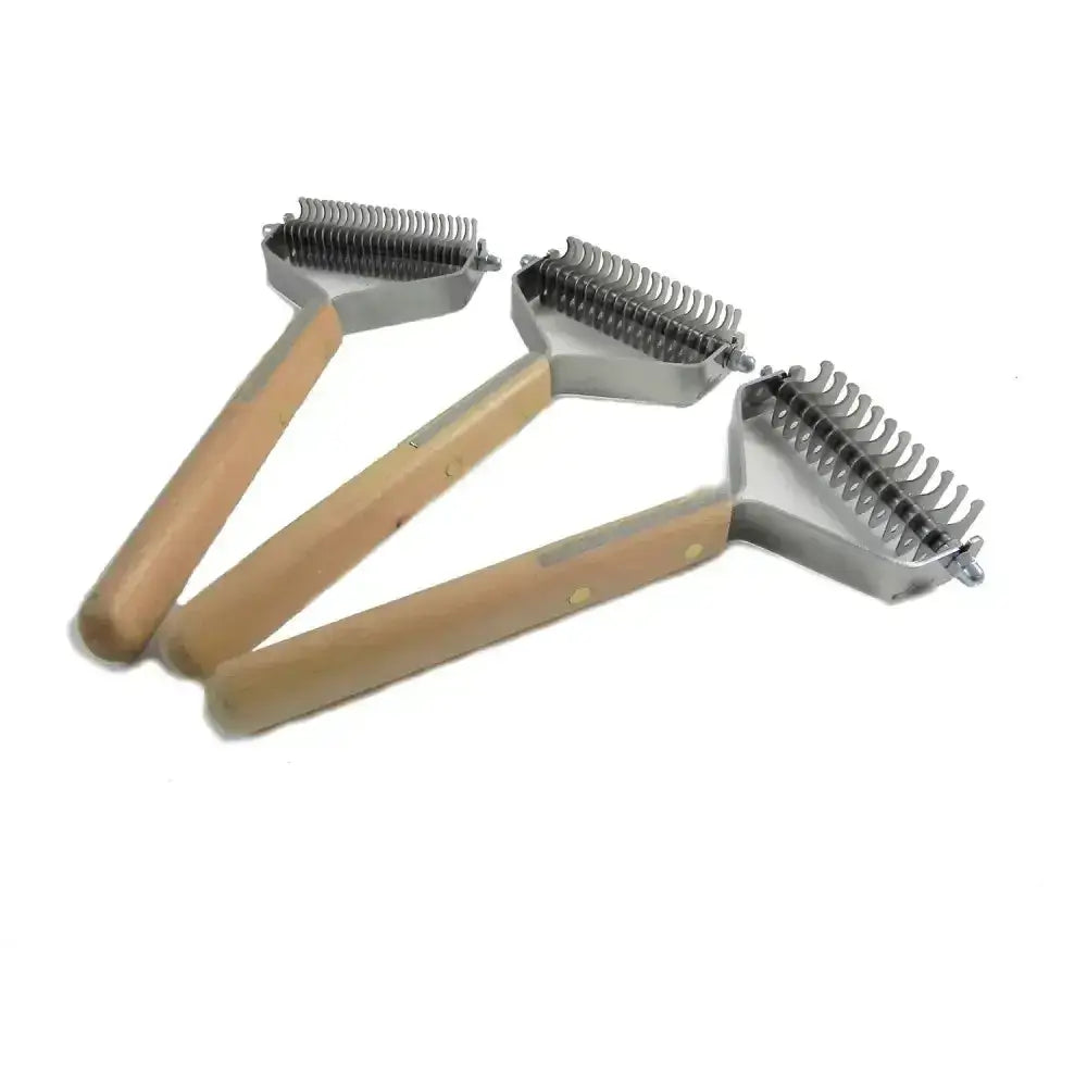 Three wooden-handled metal grooming combs with spring-loaded teeth for smart manes replacement blades use