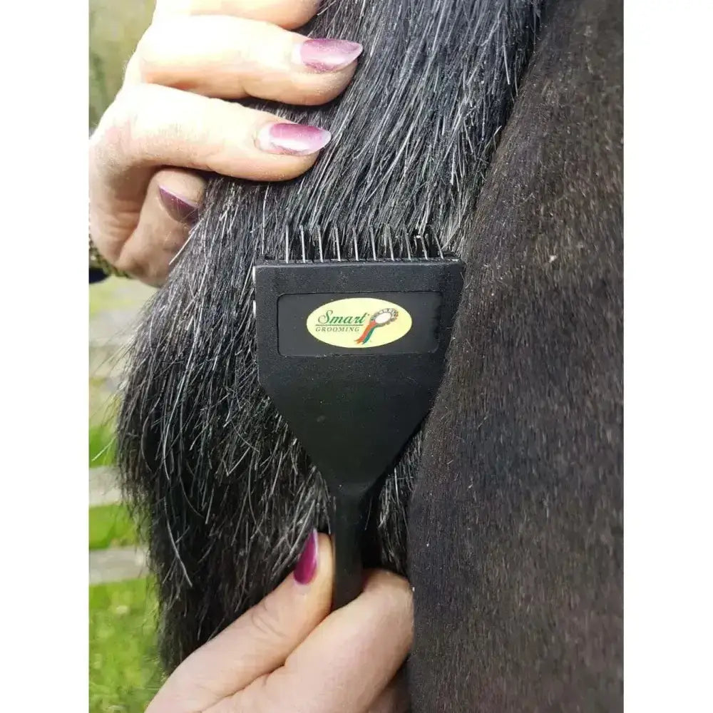 Black plastic tail thinning rack comb with smart grooming logo for smart tails standard mane and tail use