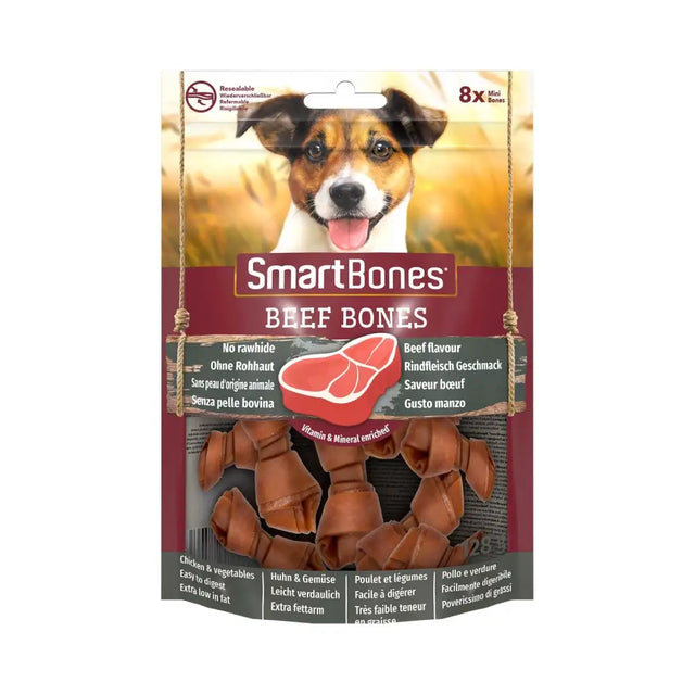 Smartbones beef bones are brown chewable dog treats with an outer layer made of tasty vegetables and a healthy alternative chew