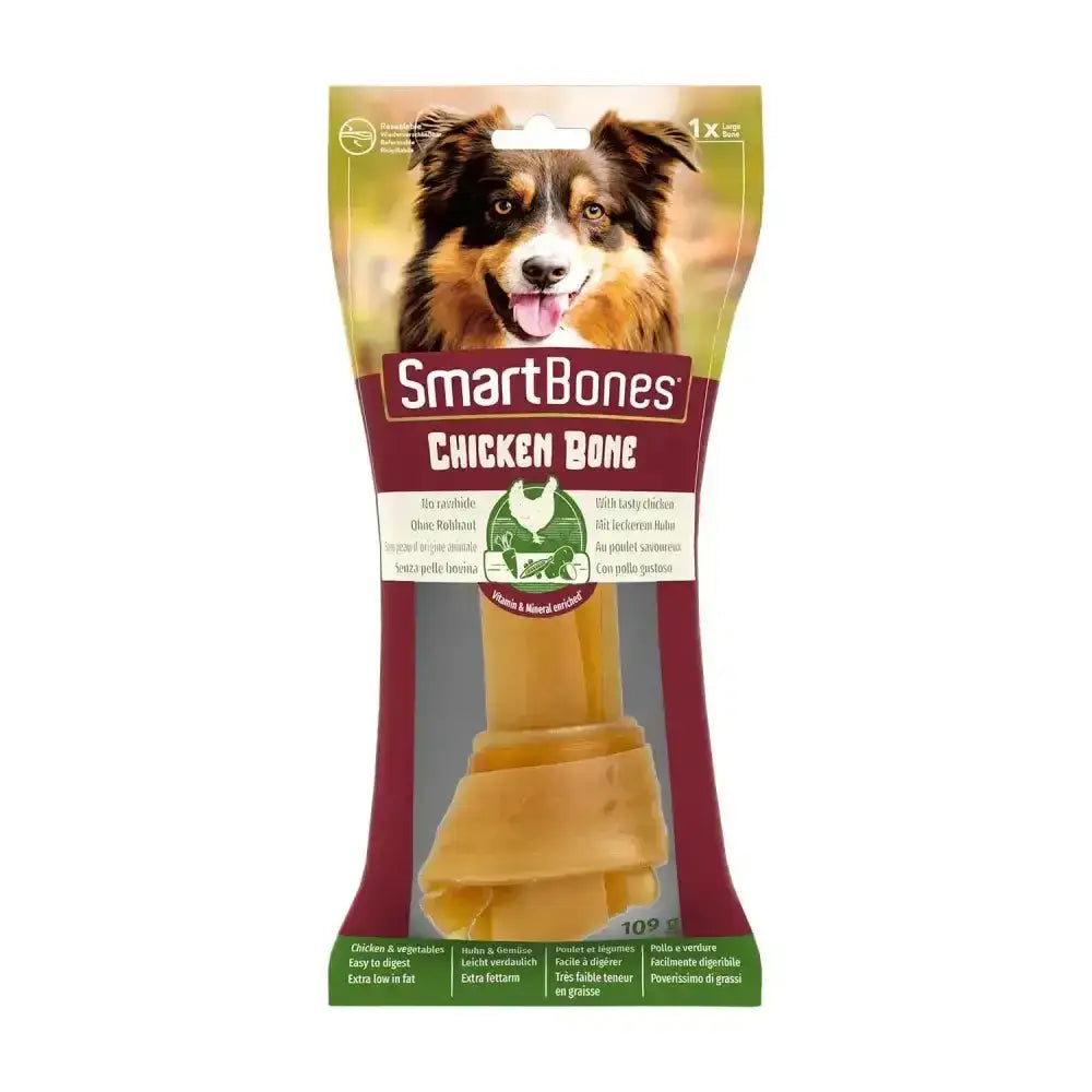 Smartbones chicken bones are pale yellow healthy alternative chews with an outer layer made from tasty vegetables
