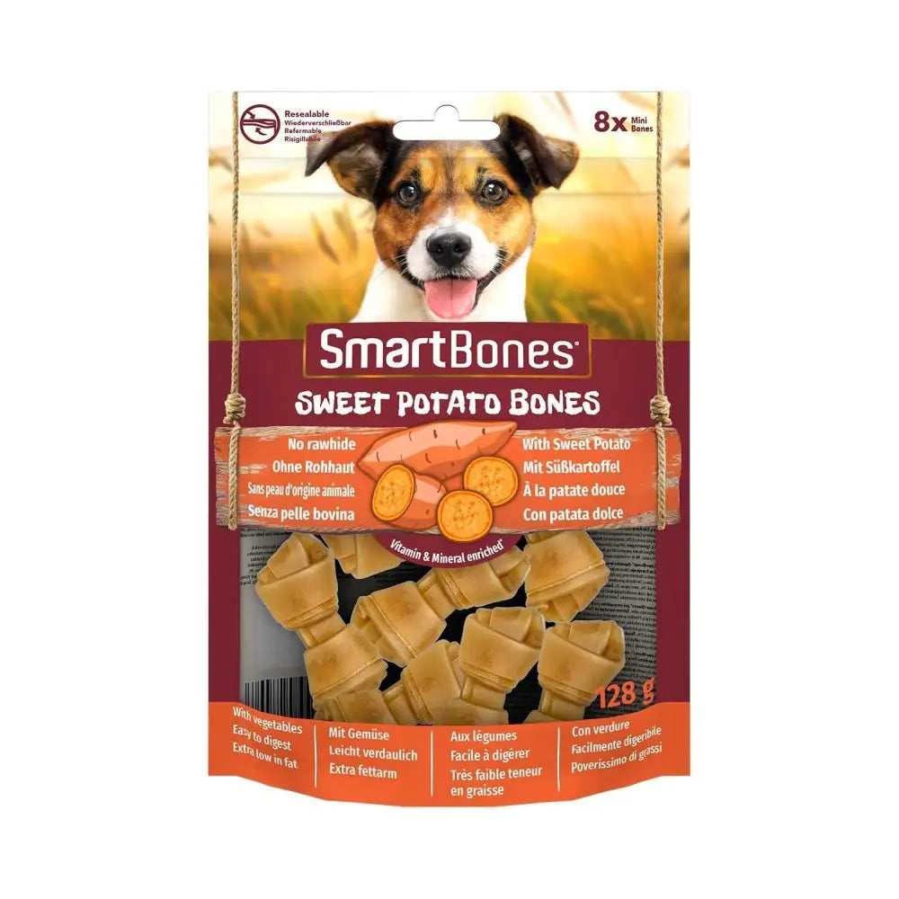 Smartbones sweet potato bones mini pack of 8 vitamin-enriched healthy alternative chew dog treats in orange packaging