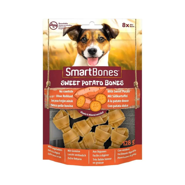 Smartbones sweet potato bones mini pack of 8 vitamin-enriched healthy alternative chew dog treats in orange packaging