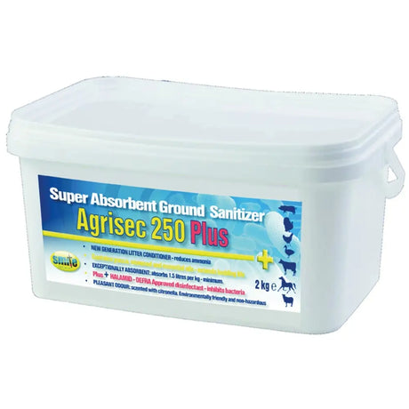 White plastic container of smite biocare agrisec 250 plus absorbent ground sanitiser defra approved product
