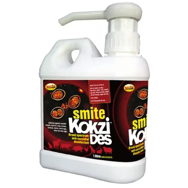White plastic pump bottle of smite kokzides anti-coccidial disinfectant for broad-spectrum use
