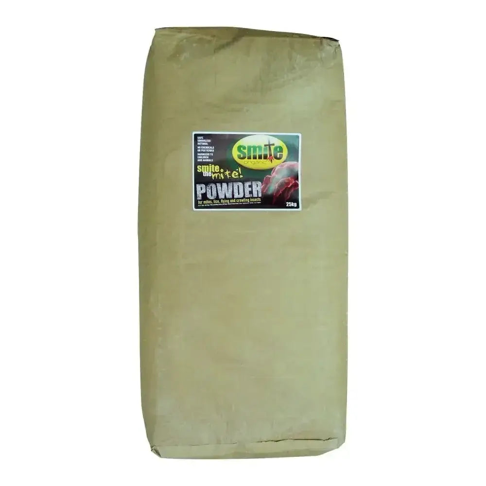 A 25kg bag of smite organic de powder in a khaki paper sack with green and black text, powder ideal for moist areas