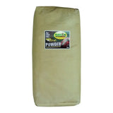 A 25kg bag of smite organic de powder in a khaki paper sack with green and black text, powder ideal for moist areas