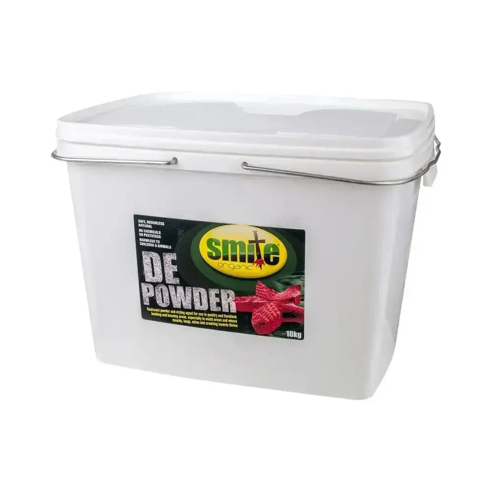 White plastic bucket with metal handle labeled smite organic de powder 10kg perfect for crawling insects thrive in moist areas