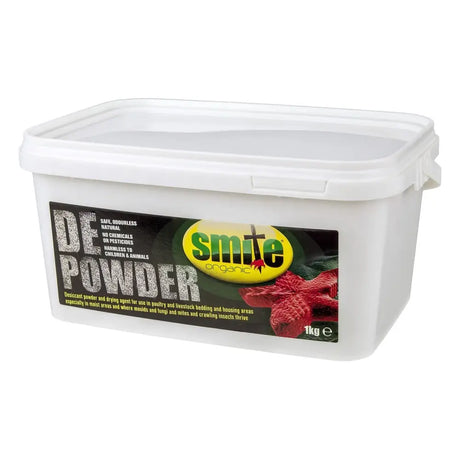 White plastic container of smite organic de powder 1kg powder ideal moist areas to stop crawling insects thrive