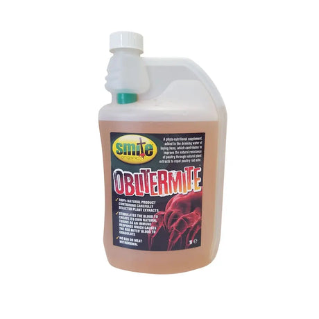 A 1-liter translucent plastic jug of smite organic oblitermite with amber liquid and white cap for natural resistance