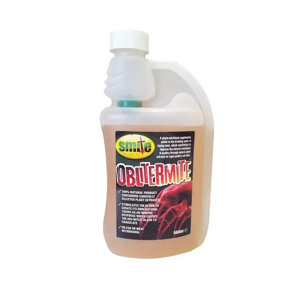 A 500ml translucent plastic bottle of smite organic oblitermite with amber liquid, a natural phyto-nutritional supplement for poultry resistance