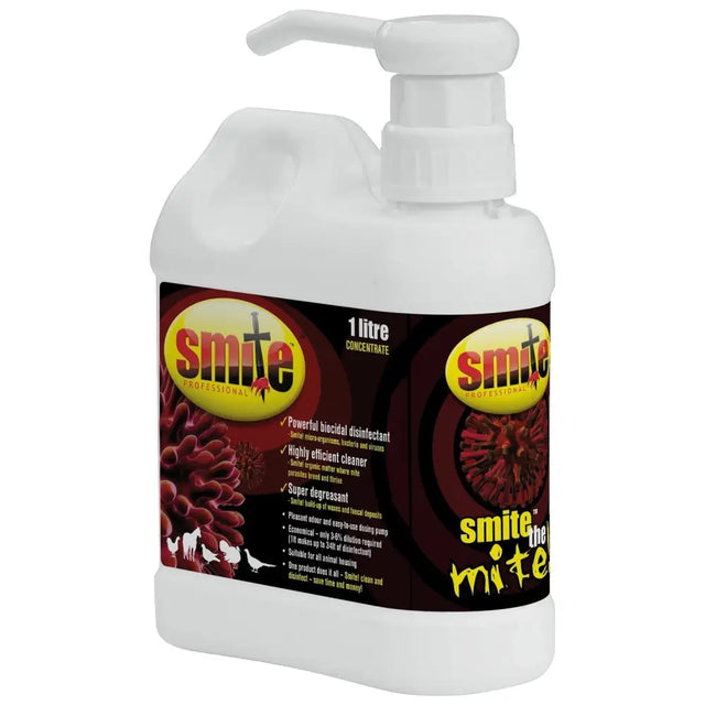 White plastic bottle with pump labeled smite professional concentrate powerful biocidal disinfectant kills micro organisms for animal housing