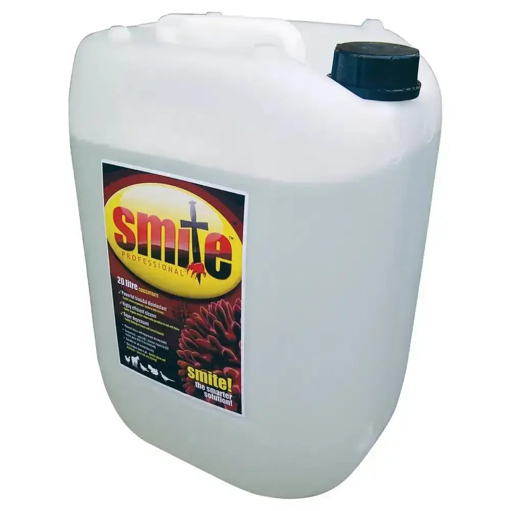 White plastic jerrycan with black cap and yellow red black label of smite professional concentrate powerful biocidal disinfectant that kills micro-organisms