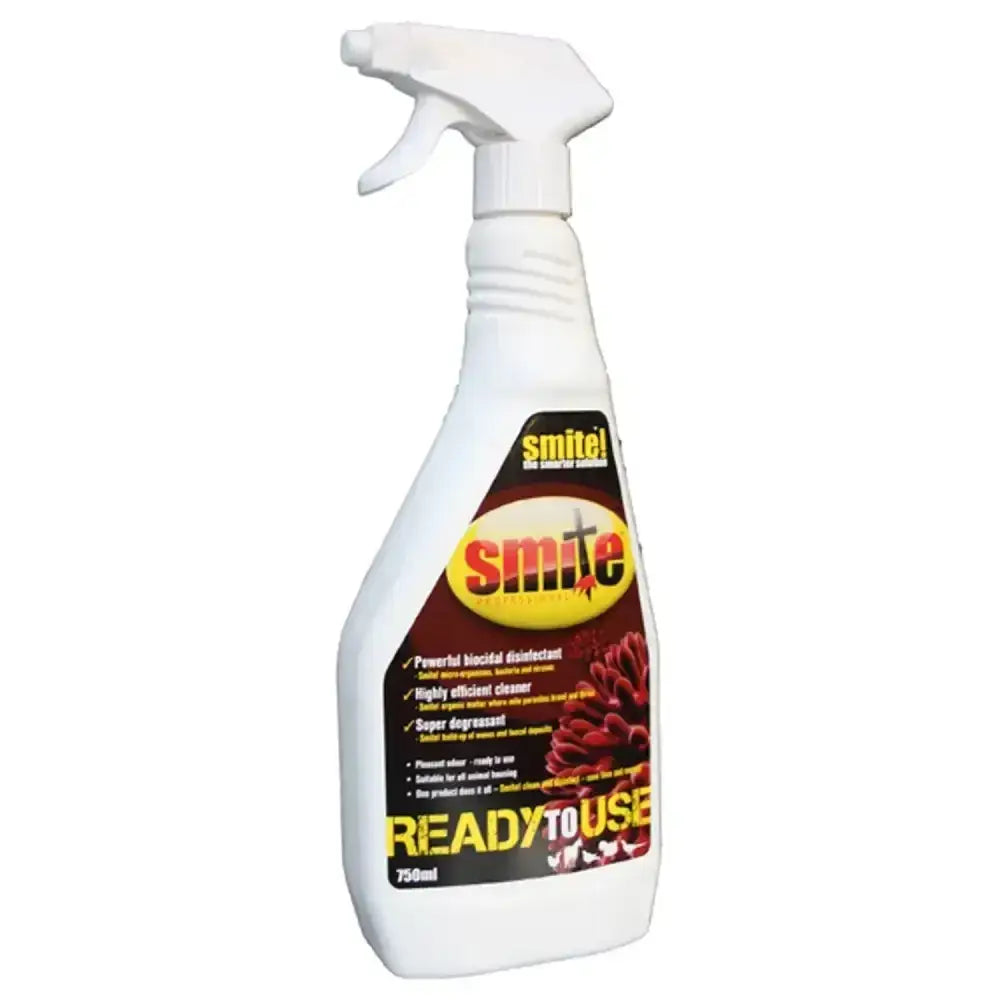 White plastic spray bottle of smite professional rtu powerful biocidal disinfectant cleaner labeled ready to use