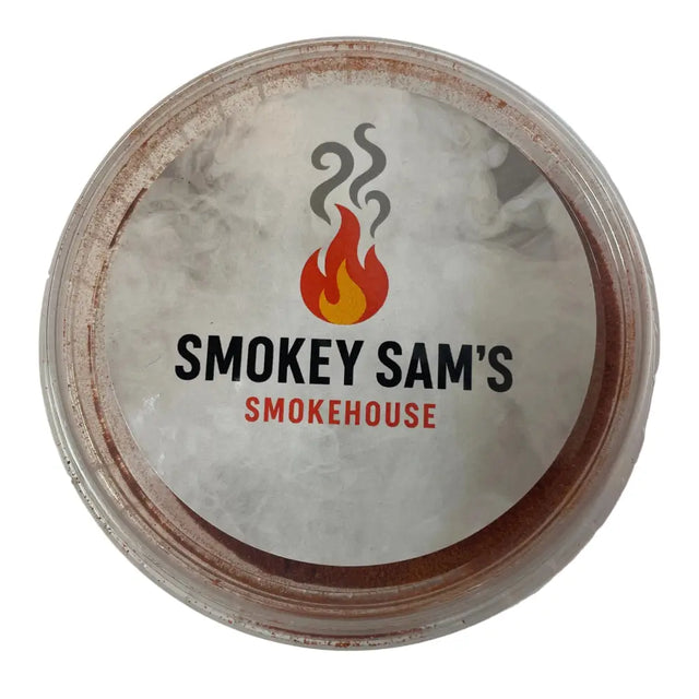 A round clear plastic container with a white label showing smokey sam’s logo for sam’s smoked paprika