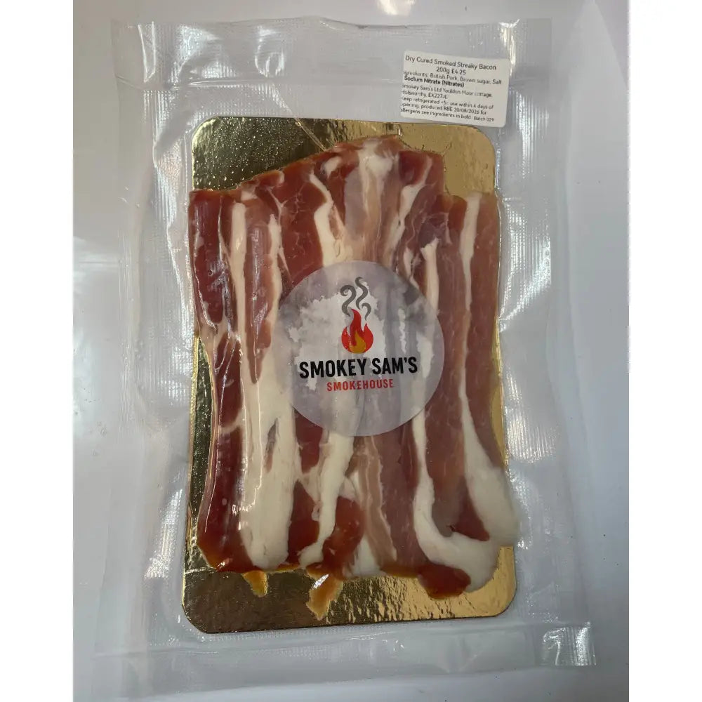 Smokey Sams dry cured smoked streaky bacon in clear plastic package with gold foil backing perfect for slow-smoked meats