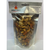 A shiny silver pouch of smokey sams honey roast hickory smoked nuts with cashews almonds and peanuts coated in brown sugar