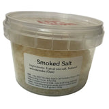 Clear plastic container holding 200g of smokey sams smoked premium sea salt with white label and transparent lid