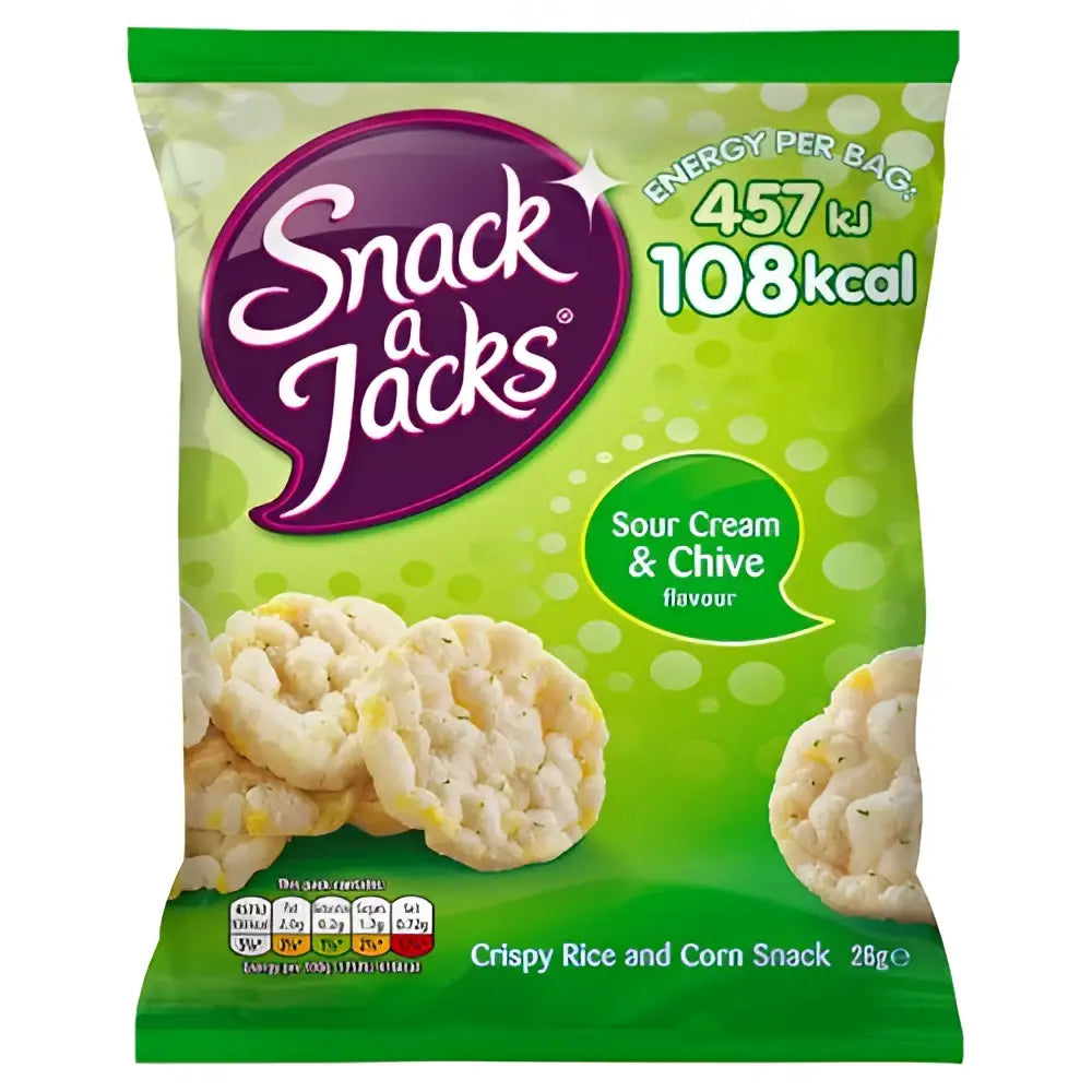 Green and purple snack a jacks sour cream and chive crispy rice and corn snack with jacks sour cream flavor packaging
