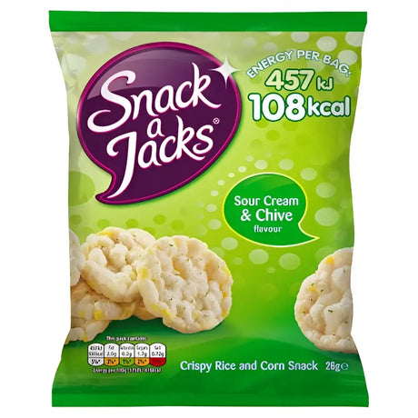 Green and purple snack a jacks sour cream and chive crispy rice and corn snack with jacks sour cream flavor packaging