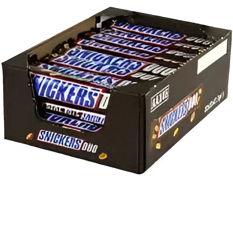 Black cardboard box of Snickers Duo Bar with blue white branding and gold foil accents perfect for your tuck shop