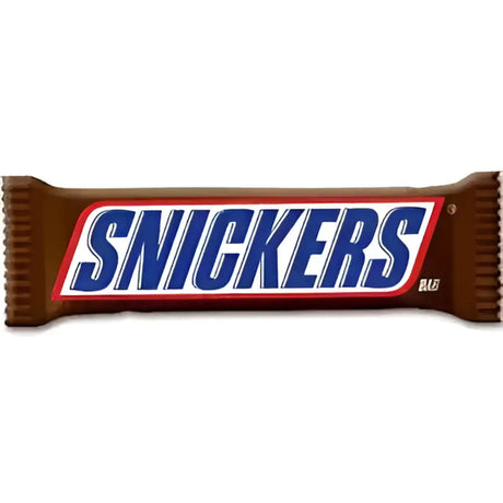 A classic brown chocolate bar with a bold blue and red snickers logo on the wrapper for snickers standard bars