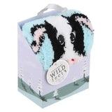 A plush light blue and black panda themed pair of sockshop wild feet cosy fuzzy adults socks with pink accents in a gift box