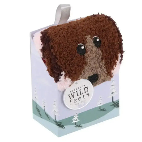 Brown fluffy dog shaped sockshop wild feet cosy adults socks with black button eyes and nose