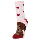 Pink fluffy sockshop wild feet cosy adults socks with red and blue polka dots and brown puppy face design on foot