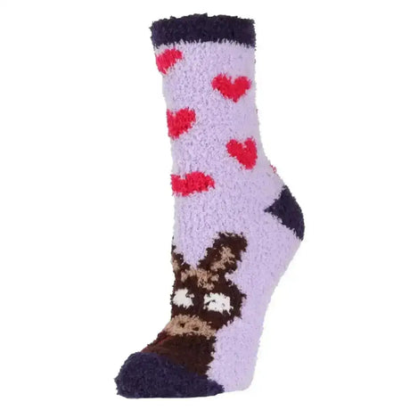 Lavender wild feet cosy socks from sockshop featuring red hearts and a brown bunny design with black trim on toe and top