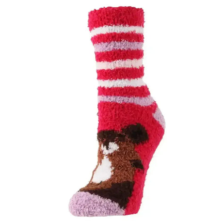 Red white and lavender striped fuzzy sock with brown and white dog design by sockshop wild feet cosy socks horse