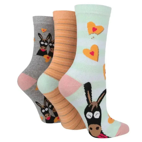 A pack donkey set of three wild feet cotton crew socks in gray orange and mint with pink accents from sockshop wild feet