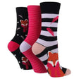 Three pairs of sockshop wild feet cotton crew socks in black pink and striped with fancy fox and feather designs