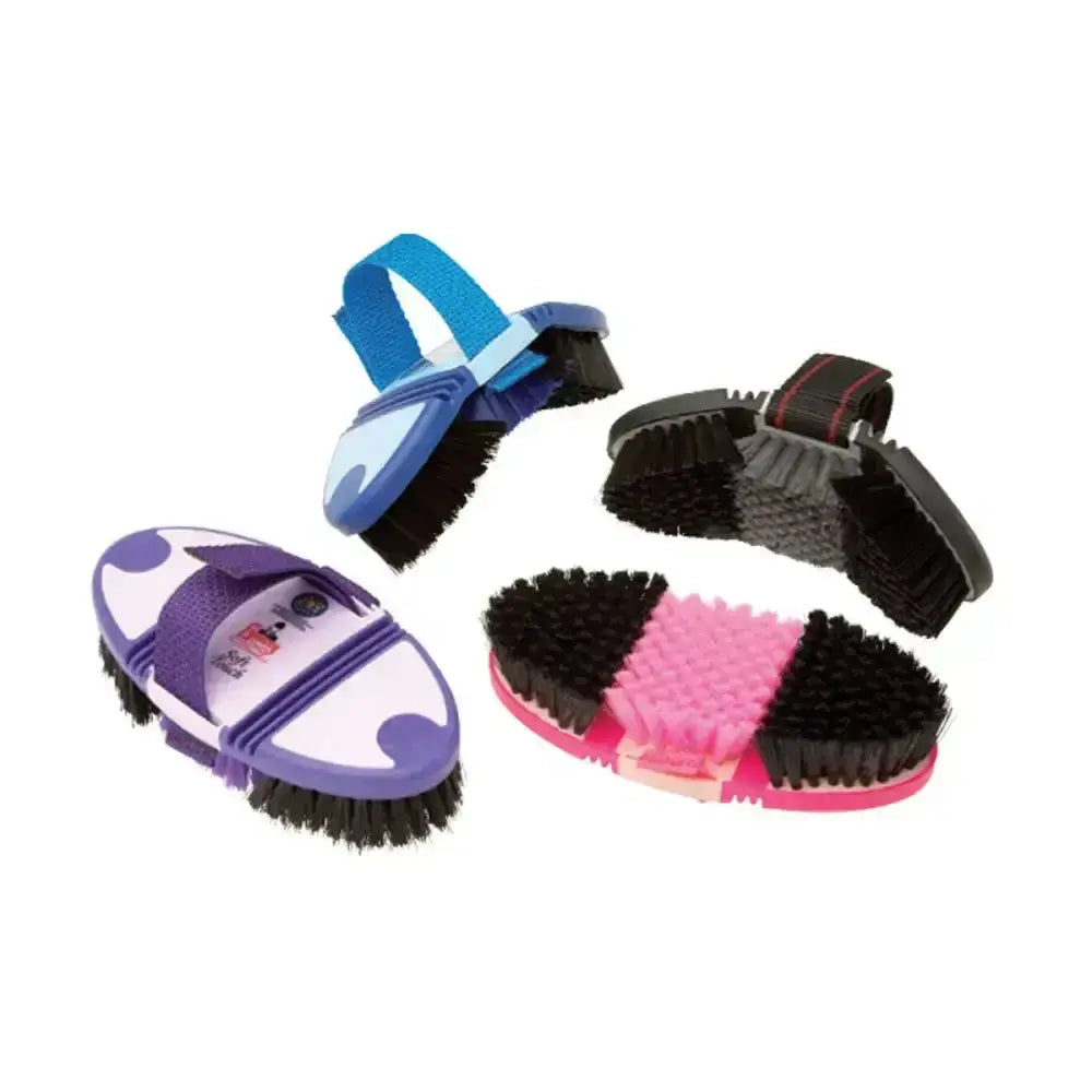 Soft touch flex body brush with purple and white handle, black bristles, and blue strap for easy grooming