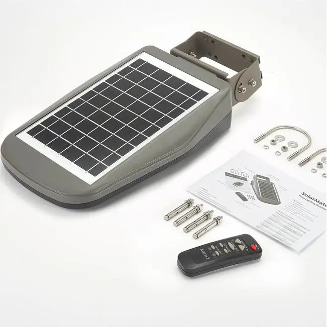 Gray solar-powered street light with rectangular panel and mounting bracket from solar technology arena2k led with timed illumination mode