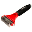 Red and black solorake double headed grooming rake with textured grip handle and metallic teeth for mane and tail thinners
