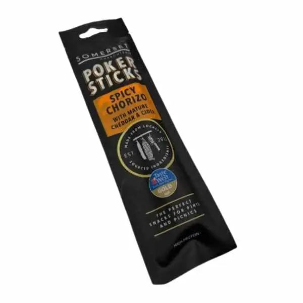 Black packaged somerset charcuterie poker stick spicy chorizo sausage with cheddar and cider gold white label