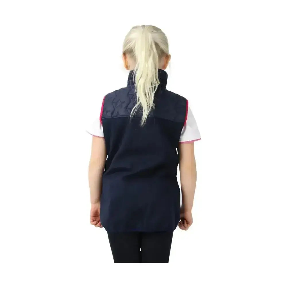 Navy blue quilted sophia gilet with pink trim and high collar is a super cosy gilet from little rider gilets & bodywarmers